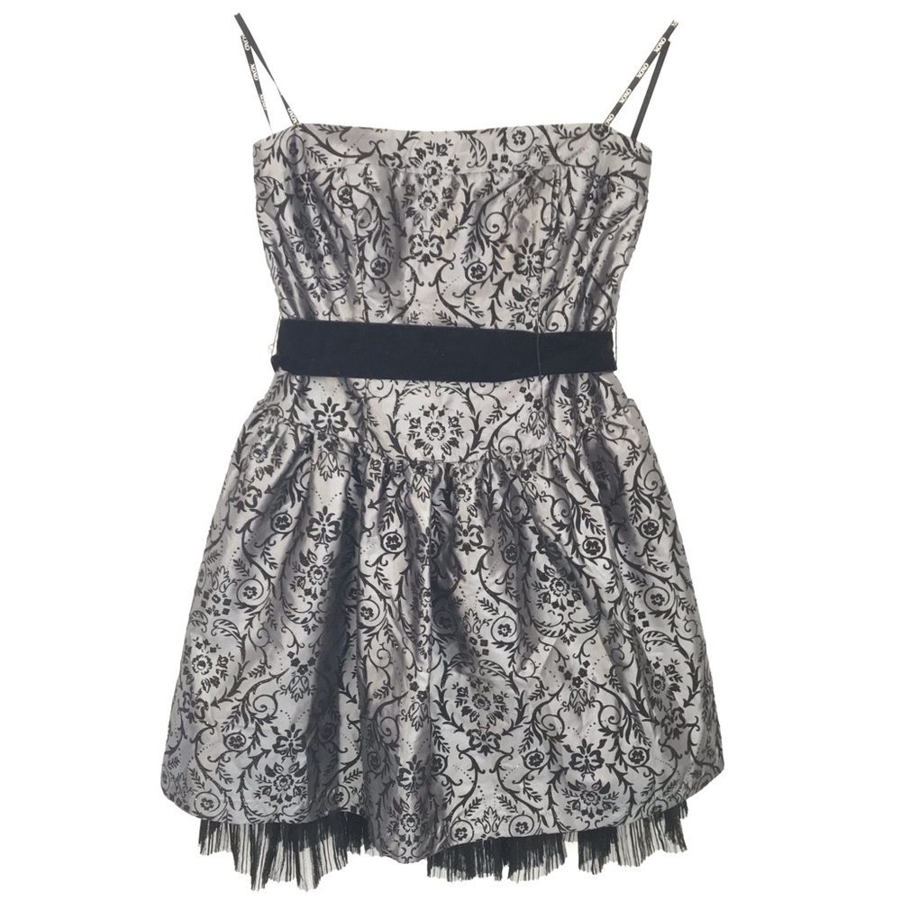 Y2K Velvet Flocked Taffeta Cocktail Prom Dress Mini Gown Black Gray XS Juniors 7